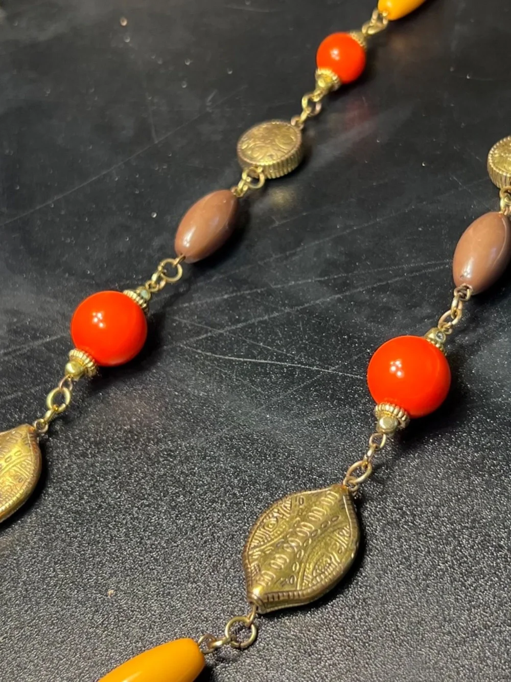 Vintage 70s Style Chunky Lucite Bead Station Long Necklace Boho Autumn Colors